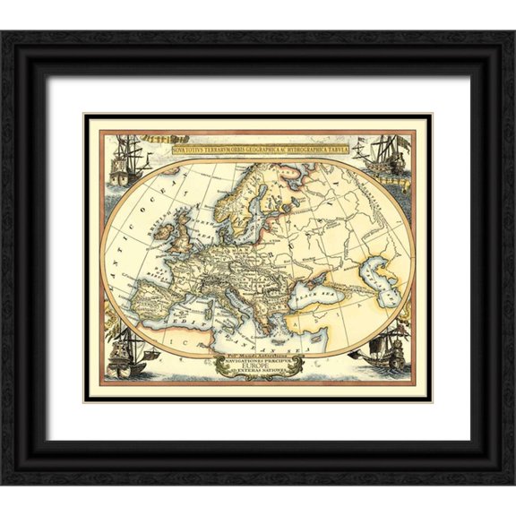 Vision Studio 24x20 Black Ornate Wood Framed with Double Matting Museum Art Print Titled - Nautical Map of Europe