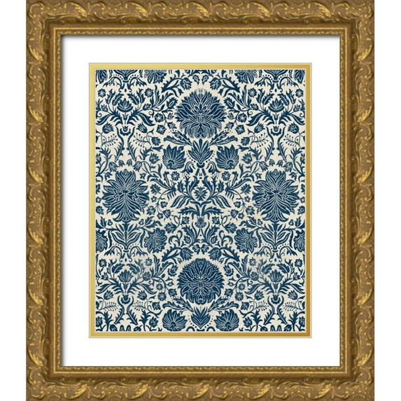 Vision Studio 26x32 Gold Ornate Wood Framed with Double Matting Museum Art Print Titled - Baroque Tapestry in Navy I