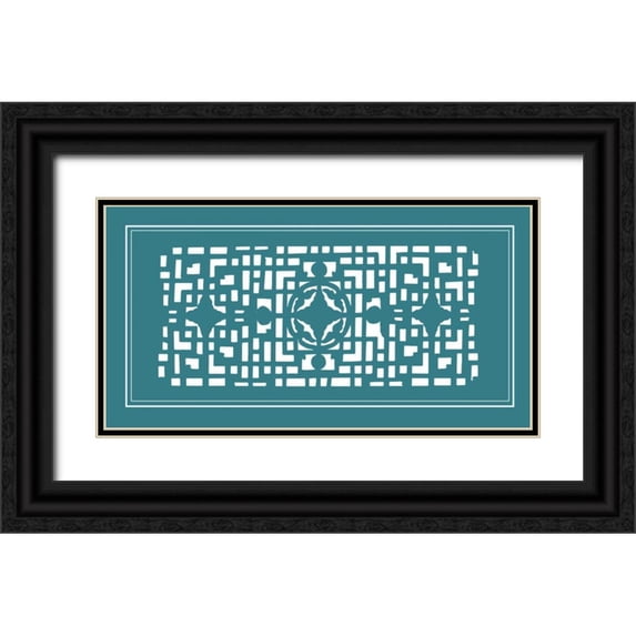 Vision Studio 32x19 Black Ornate Wood Framed with Double Matting Museum Art Print Titled - Shoji Screen in Teal IV
