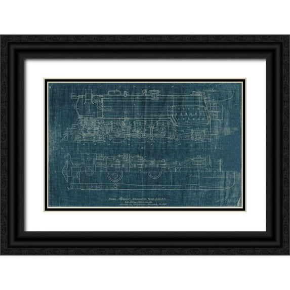 Vision Studio 32x22 Black Ornate Wood Framed with Double Matting Museum Art Print Titled - Train Blueprint I