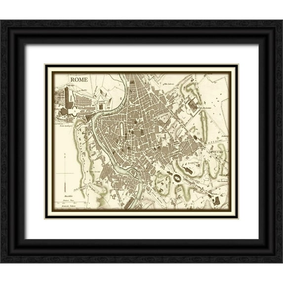Vision Studio 32x26 Black Ornate Wood Framed with Double Matting Museum Art Print Titled - Sepia Map of Rome