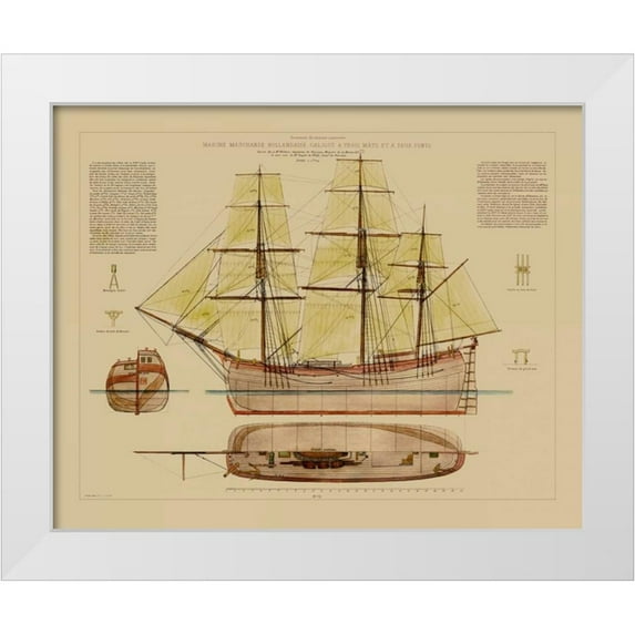 Vision Studio 32x26 White Modern Wood Framed Museum Art Print Titled - Antique Ship Plan VII