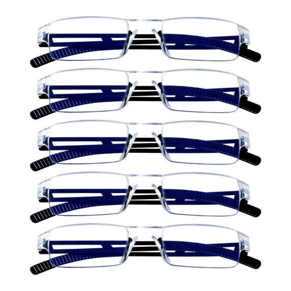 VisionGlobal 5 Pack Blue Light Blocking Reading Glasses, Fashion Square Computer Eyeglasses for Men Women (Black,+1.00 Magnification)