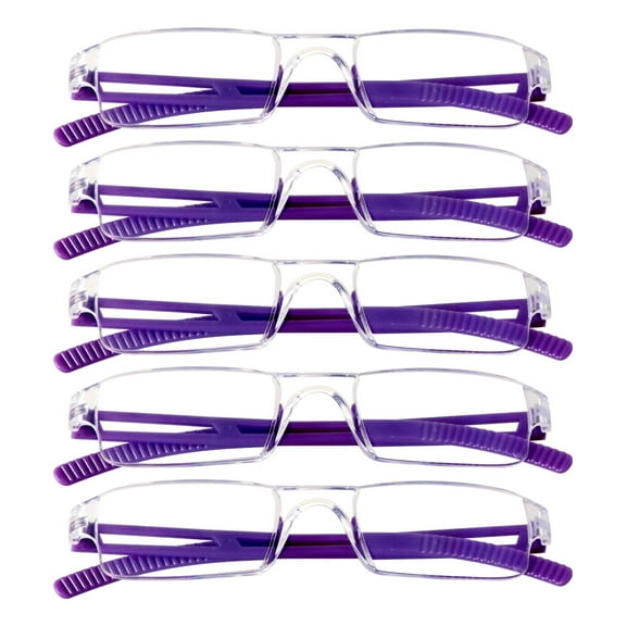 VisionGlobal 5 Pack Blue Light Blocking Reading Glasses, Fashion Square Computer Eyeglasses for Men Women (Purple,+1.50 Magnification)