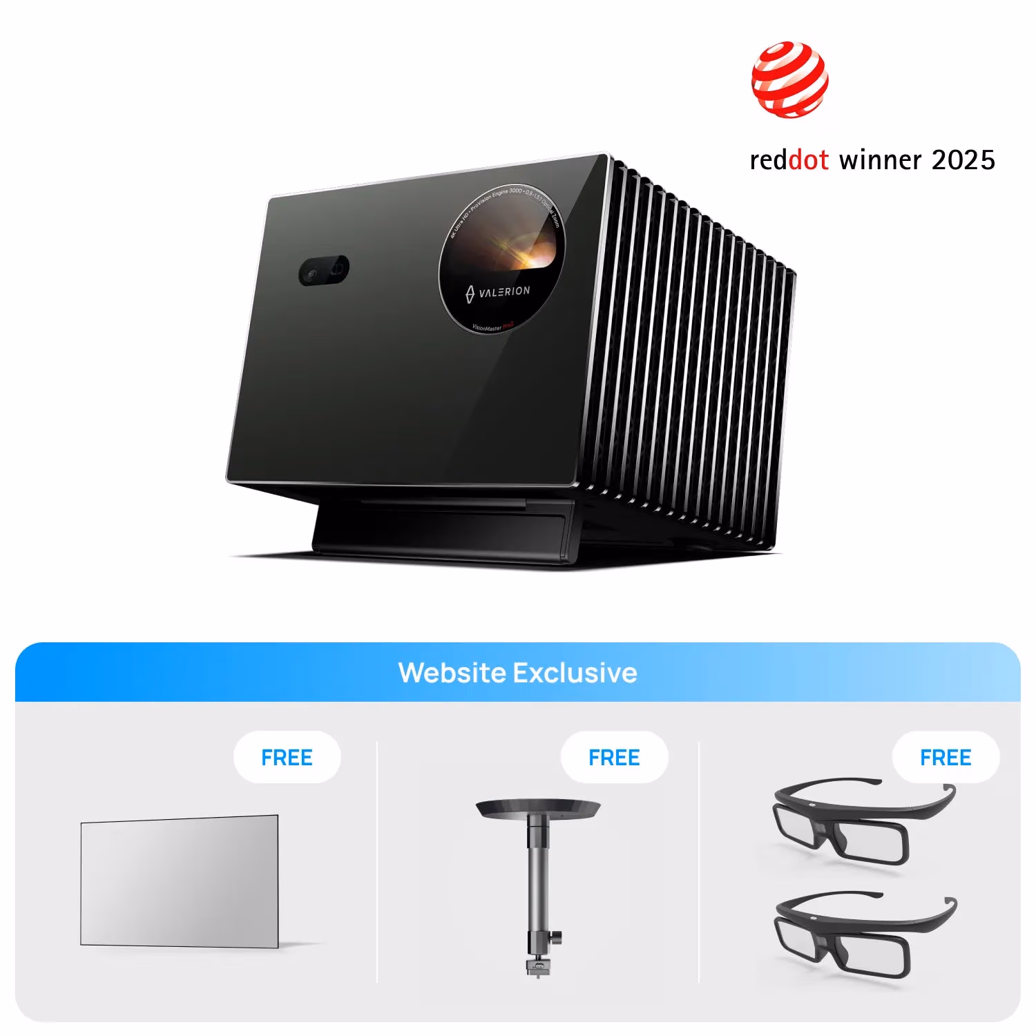 VisionMaster Pro2 + Free 150 Matte White Screen + Ceiling Mount Bracket + 3D Glasses4 pack