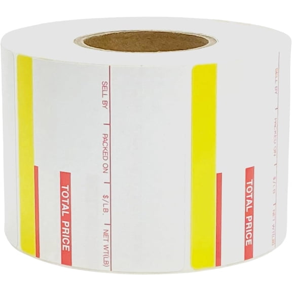 VisionTechShop ISHIDA 1828 Printing Scale Label, AC, Astra, RED/Yellow UPC 64mm x 59mm, 625 Per Roll, 12 Rolls per Case