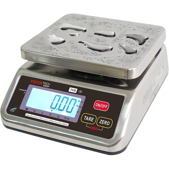 VisionTechShop TVS Portion Control Stainless Steel Washdown Scale, Lb/Oz/Kg/g Switchable, Low Profile Design, 60lb Capacity, 0.01lb Readability, Single Display, NTEP Legal for Trade, NSF Certified
