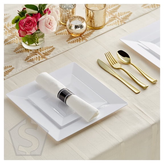 Visions 120 Settings of Gold White Plastic Dinnerware and Classic Rolled Flatware - 120/Case