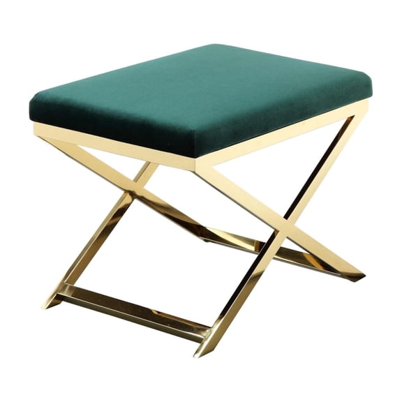 Visions 24 Inch Accent Stool Ottoman Bench, Plush Green Velvet with Gold X Base, Perfect for Fireplace, Footboard, or Vanity