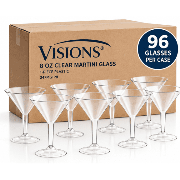 Visions 8 oz Clear 1-Piece Plastic Martini Glasses, Stemmed, 96 Count Case