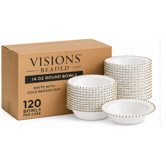 Visions Beaded 14 oz White Round Plastic Bowls with Gold Beaded Rim, 120 Count Case