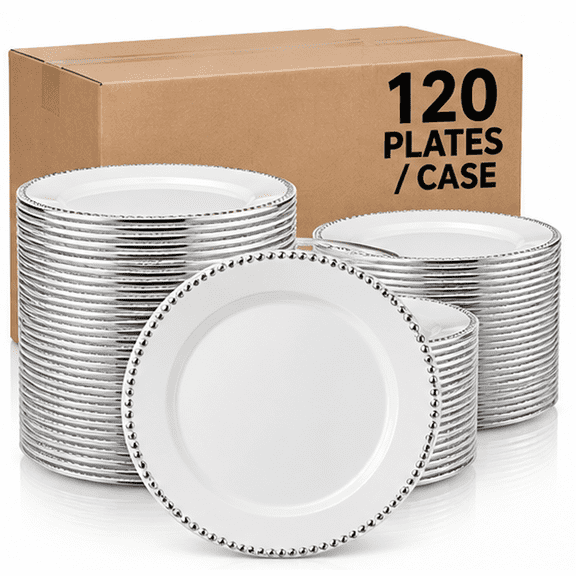 Visions Beaded 7.5" White Round Plastic Plates with Silver Beaded Rim, Disposable, 120 Count Case
