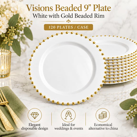 Visions Beaded 9" White Round Plastic Plate with Gold Beaded Rim - 120/Case
