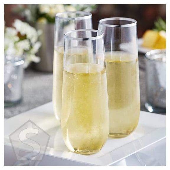Visions Dynasty 9 oz. Clear Plastic Stemless Champagne Flute with Silver Rim - 64/Case