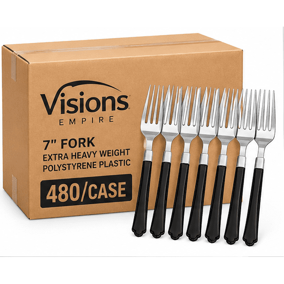 Visions Empire 7" Extra Heavy Weight Silver Plastic Forks with Black Handle, 480 Count Case