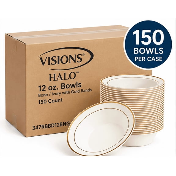 Visions Halo 12 oz Bone Ivory Plastic Bowls with Gold Bands, 150 Count Case