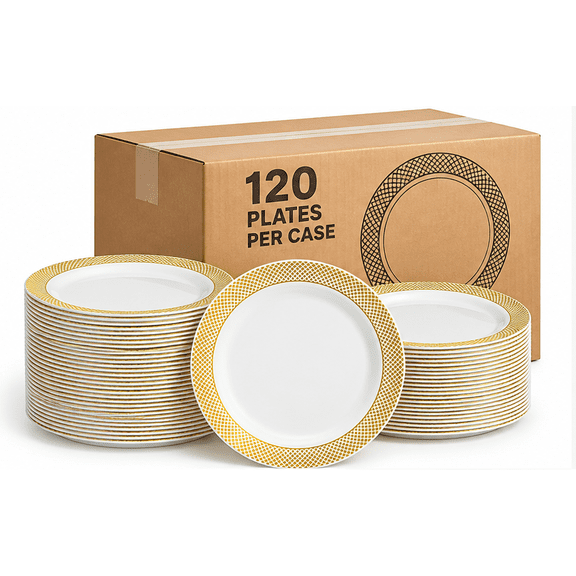 Visions Lattice 9" White Plastic Plates with Gold Lattice Rim, Heavy Weight, 120 Count Case