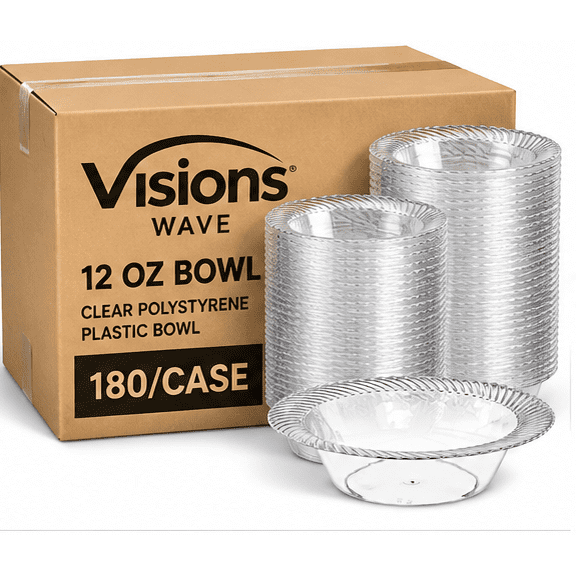 Visions Wave 12 oz Clear Plastic Bowls, Scalloped Rim, 180 Count Case