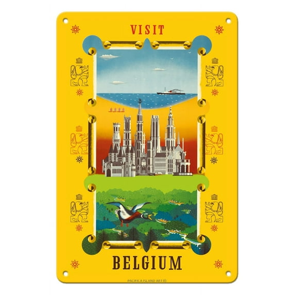 Visit Belgium - Vintage Travel Poster by Schell c.1950s - 8 x 12 inch Vintage Metal Tin Sign