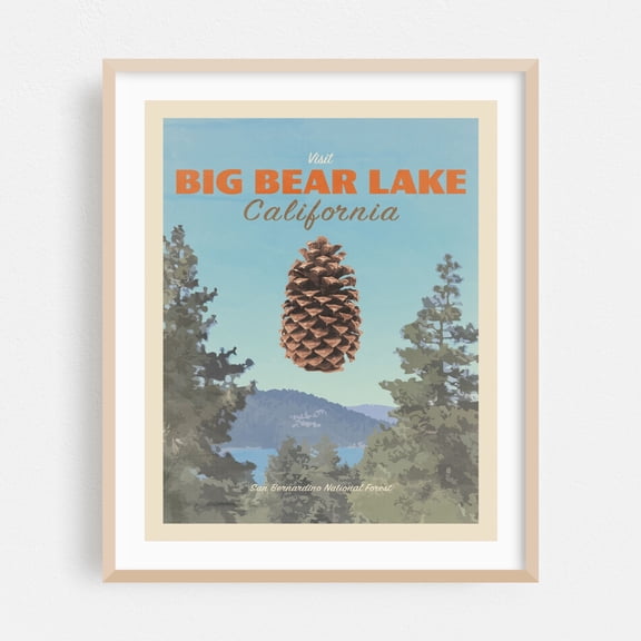 Visit Big Bear Lake California - Big Bear Lake California Illustration Travel Poster Vintage Lake Nature Scenic Forest Wilderness Oak Framed Wall Art Print 9 x 12 inches