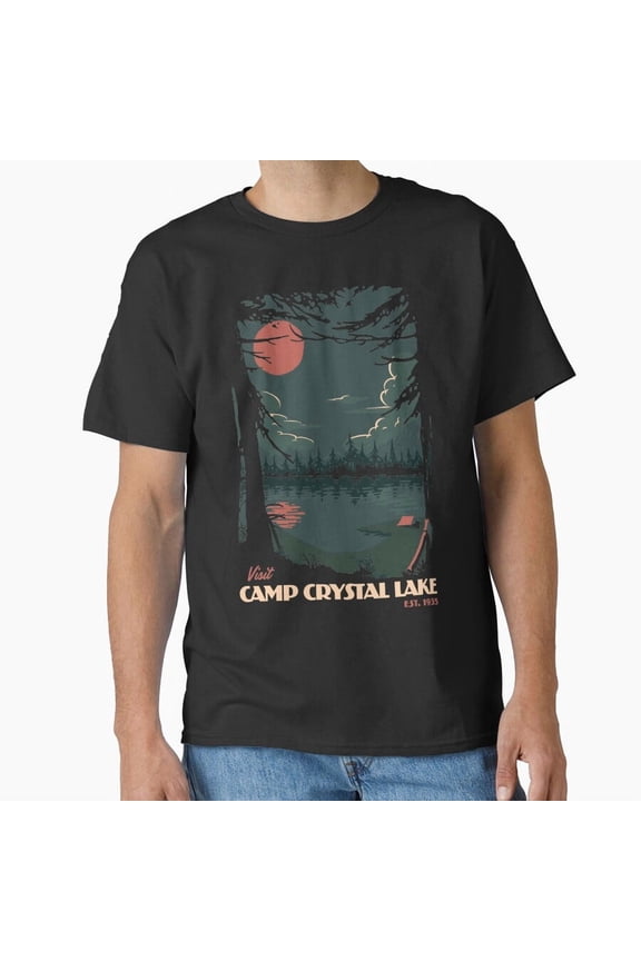 Visit Camp Crystal Lake Retro Travel Wall Art Horror Graphic H4245 Unisex T-Shirt, Up to 5XL Available
