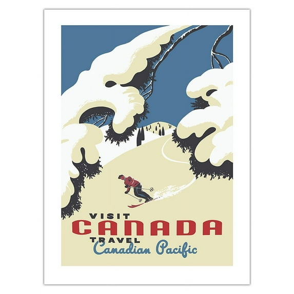 Visit Canada - Skiing - Travel Canadian Pacific - Vintage Railroad Travel Poster by Roger Couillard c.1955 - Fine Art Matte Paper Print (Unframed) 18x24in