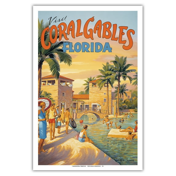 Visit Coral Gables - Florida - Venetian Pool - Vintage Travel Poster by Kerne Erickson - Master Art Print (Unframed) 12in x 18in