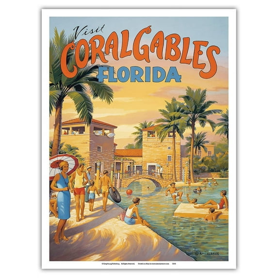 Visit Coral Gables - Florida - Venetian Pool - Vintage Travel Poster by Kerne Erickson - Master Art Print (Unframed) 9in x 12in