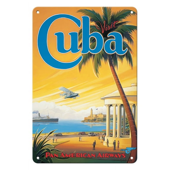 Visit Cuba - Pan American Airways (PAA) - Havana Bay - Morro Cabana - Vintage Airline Travel Poster by Kerne Erickson - 8 x 12 inch Vintage Metal Tin Sign