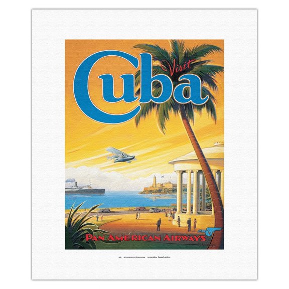 Visit Cuba - Pan American Airways (PAA) - Havana Bay - Morro Cabana - Vintage Airline Travel Poster by Kerne Erickson - Fine Art Rolled Canvas Print 11in x 14in