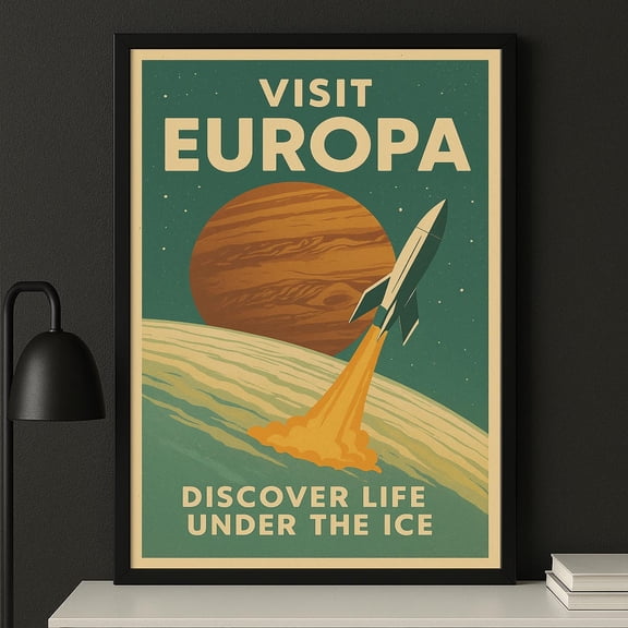 Visit Europa, Vintage Retro-Futuristic Space Travel, Outer Space Wall Art, Sci-Fi Decor, Gift For Space Lovers,Nasa Inspired Art #3012, Stretched Canvas Size 16x24
