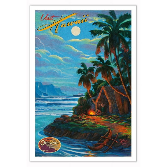 Visit Hawaii - Travel with Oceanic Steamship Company - Vintage Hawaiian Travel Poster by Rick Sharp - Fine Art Matte Paper Print (Unframed) 30x44in