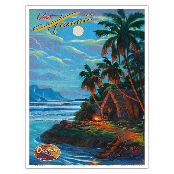 Visit Hawaii - Travel with Oceanic Steamship Company - Vintage Hawaiian Travel Poster by Rick Sharp - Master Art Print (Unframed) 9in x 12in