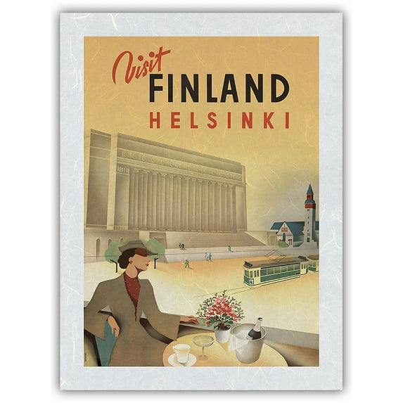Visit Helsinki Finland - Finnish Parliament House - Finnish State Railway - Vintage Railroad Travel Poster by Jorma Suhonen c.1940 - Japanese Unryu Rice Paper Art Print (Unframed) 12 x 16 in