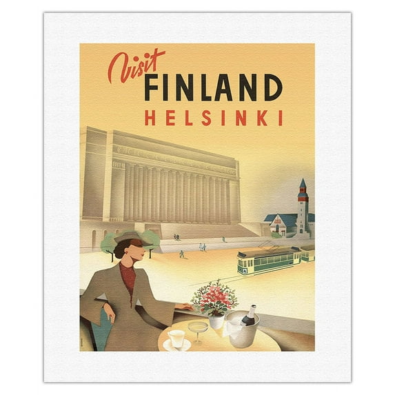 Visit Helsinki Finland - Finnish Parliament House - Finnish State Railway - Vintage Railroad Travel Poster by Jorma Suhonen c.1940 - Fine Art Rolled Canvas Print 16in x 20in