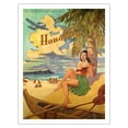 thumbnail image 1 of Visit Honolulu - Hawaii Hula Girl Playing Ukulele - Fly Interisland Airlines - Vintage Hawaiian Travel Poster by Rick Sharp - Fine Art Matte Paper Print (Unframed) 20x26in, 1 of 4