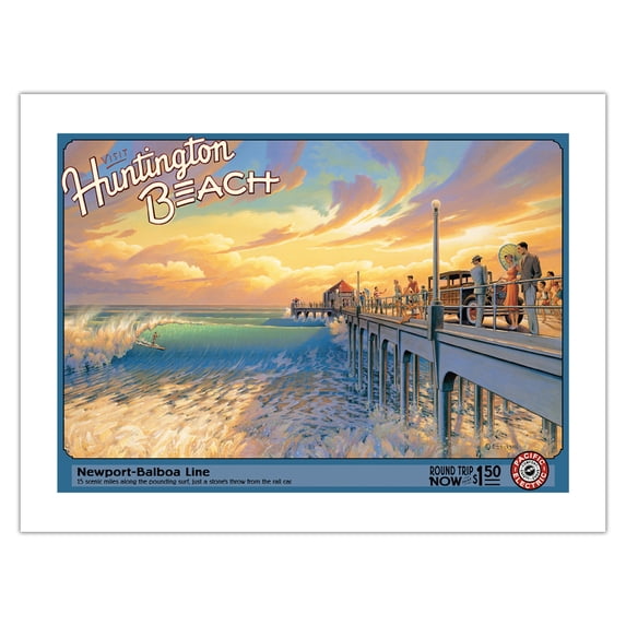 Visit Huntington Beach - California - Newport-Balboa Line - Pacific Electric (Red Car) - Vintage Railroad Travel Poster by Kerne Erickson - Bamboo Fine Art 290gsm Paper (Unframed) 12x16in
