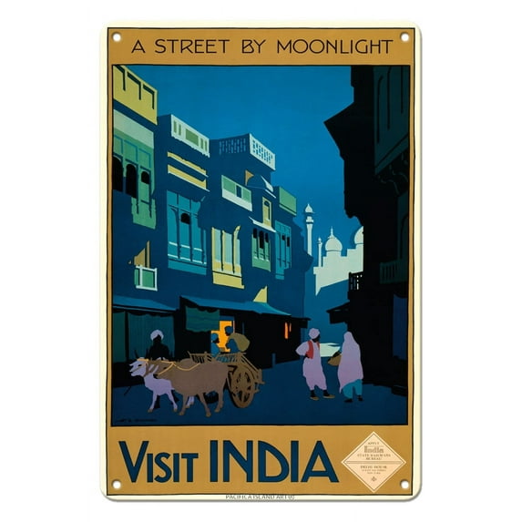Visit India - A Street by Moonlight - Street Scene with Ox Cart - Vintage Travel Poster by Henry George Gawthorn c.1920 - 8 x 12 inch Vintage Metal Tin Sign