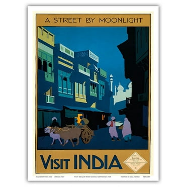 Visit India - A Street by Moonlight - Street Scene with Ox Cart - Vintage Travel Poster by Henry George Gawthorn c.1920 - Master Art Print (Unframed) 9in x 12in