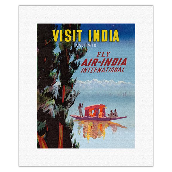 Visit India - Kashmir - Fly Air India International - Vintage Airline Travel Poster c.1950 - Fine Art Rolled Canvas Print 11in x 14in