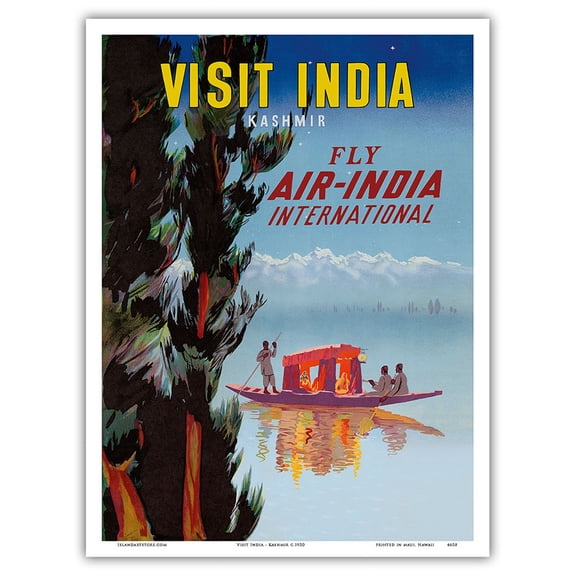 Visit India - Kashmir - Fly Air India International - Vintage Airline Travel Poster c.1950 - Master Art Print (Unframed) 9in x 12in