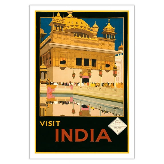 Visit India - The Golden Temple (Harmandir Sahib) - Amritsar Punjab - Vintage Travel Poster by Fred Taylor c.1935 - Fine Art Matte Paper Print (Unframed) 30x44in
