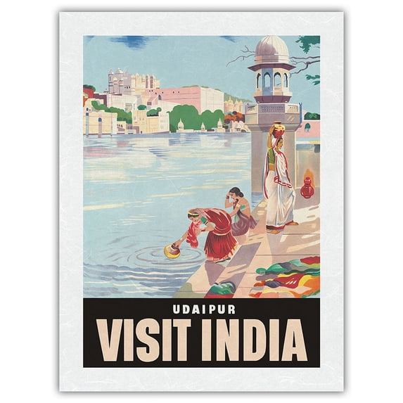 Visit India - Udaipur - City of Lakes Rajasthan - Vintage Travel Poster c.1957 - Japanese Unryu Rice Paper Art Print (Unframed) 18 x 24 in