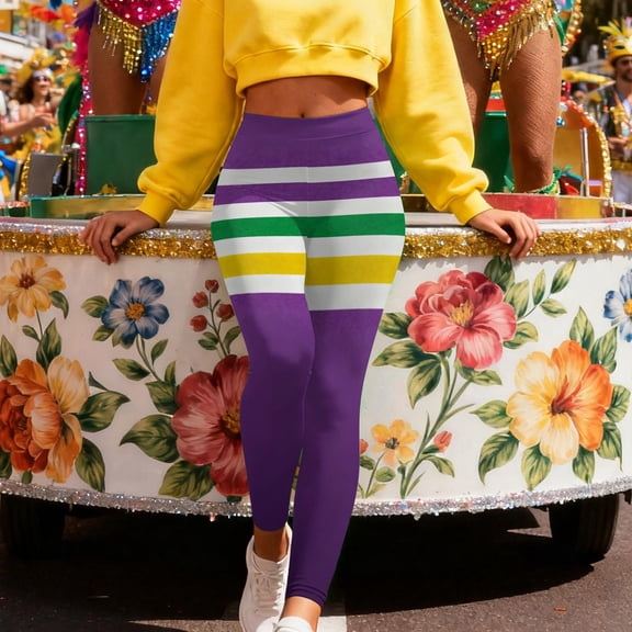 Visit the JURANMO Store Color Block Leggings for Women Novelty Graphic High Waist Mardi Gras Tight Pants Lightweight Carnival Parade Legging Multicolor XL