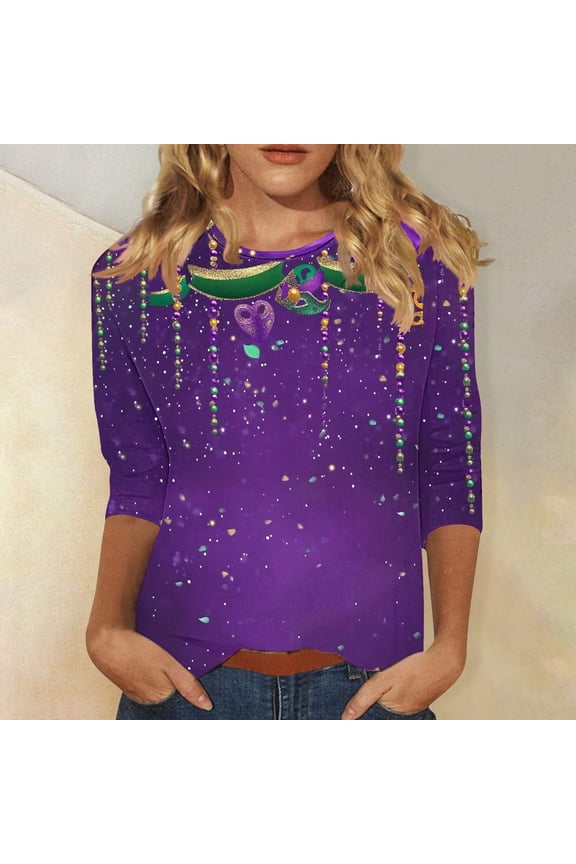 Lightweight T Shirt for Women Color Block Crew Neck 3/4 Sleeve Tee Tops Regular Fit Casual Tunic Tees Mardi Gras Carnival Themed Outfit Purple XXXL