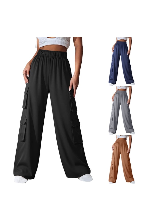 Women Cargo Pants Baggy Y2k Elastic High Waist Straight Wide Leg Pants Fashion Travel Summer Trousers with Multi Flap Pockets Black L
