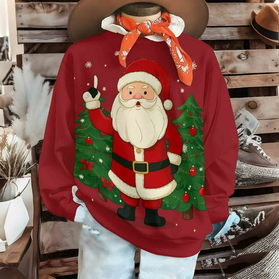 Visit the JURANMO Store Women Christmas Graphic Pullover Tops Santa Print Long Sleeve Round Neck Sweatshirts Regular Fit Casual Xmas Sweatshirt Red XXXL