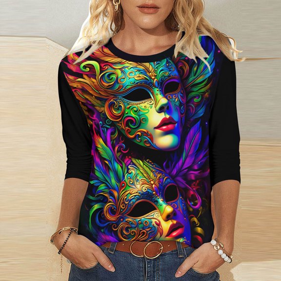 Visit the JURANMO Store Women Mardi Gras T Shirts Novelty Graphic 3/4 Sleeve Carnival Themed Tee Shirts Fashion Holiday Parade Tunic Tops Multicolor S