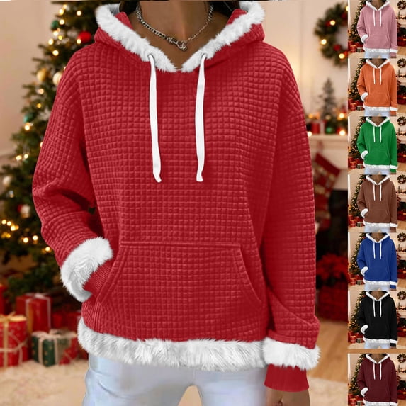 Visit the JURANMO Store Women Waffle Knit Hoodie Faux Fur Trim Long Sleeve Solid Casual Hooded Sweatshirt Lightweight Loose Fit Fall Pullover Tops with Pocket Christmas Gifts Black M