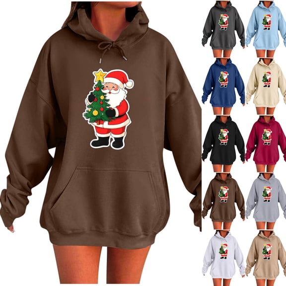 Visit the JURANMO Store Women's Casual Hooded Sweatshirts Christmas Tree Santa Graphic Long Sleeve Pullover Sweatshirt Drawstring Loose Fit Fall Hoodie with Pocket Gray M